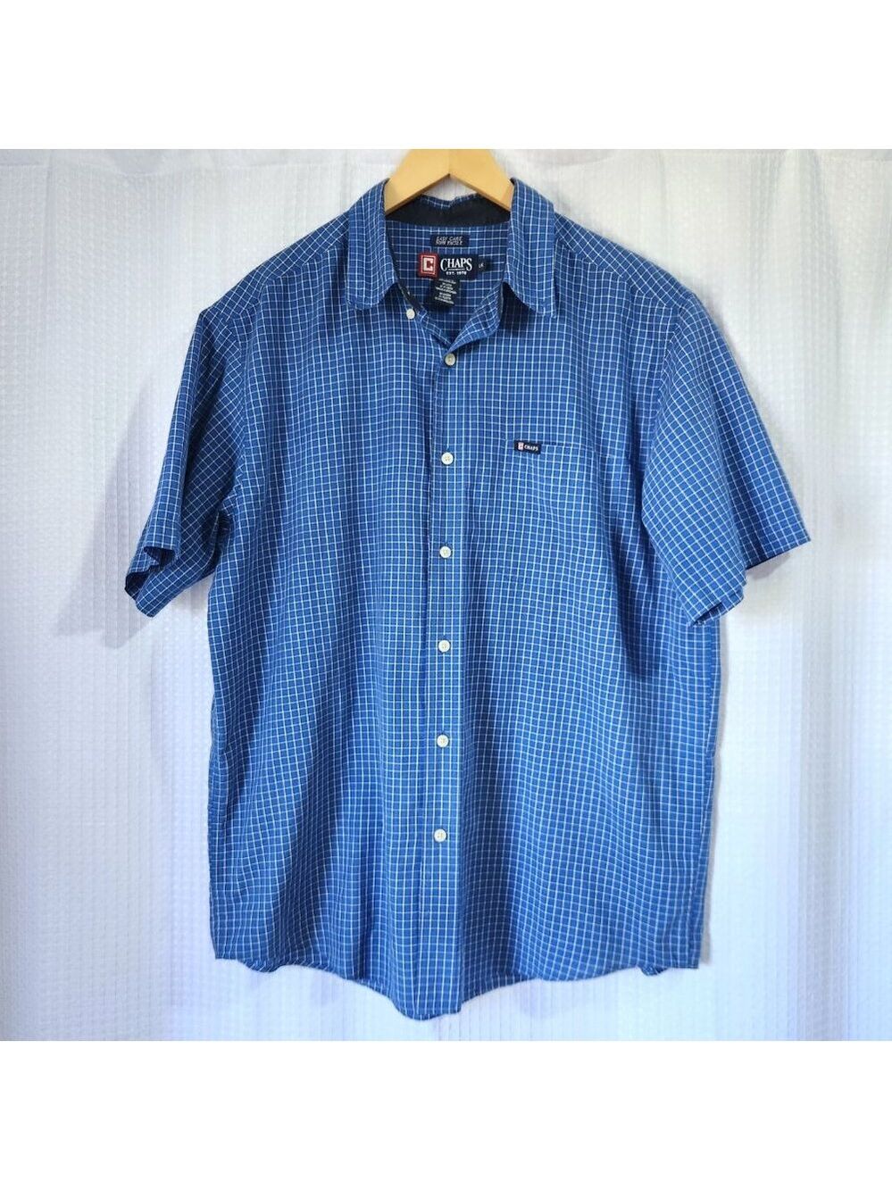Chaps Shirt Men's Large Short Sleeve Button Up Blue Windowpane Easy Care